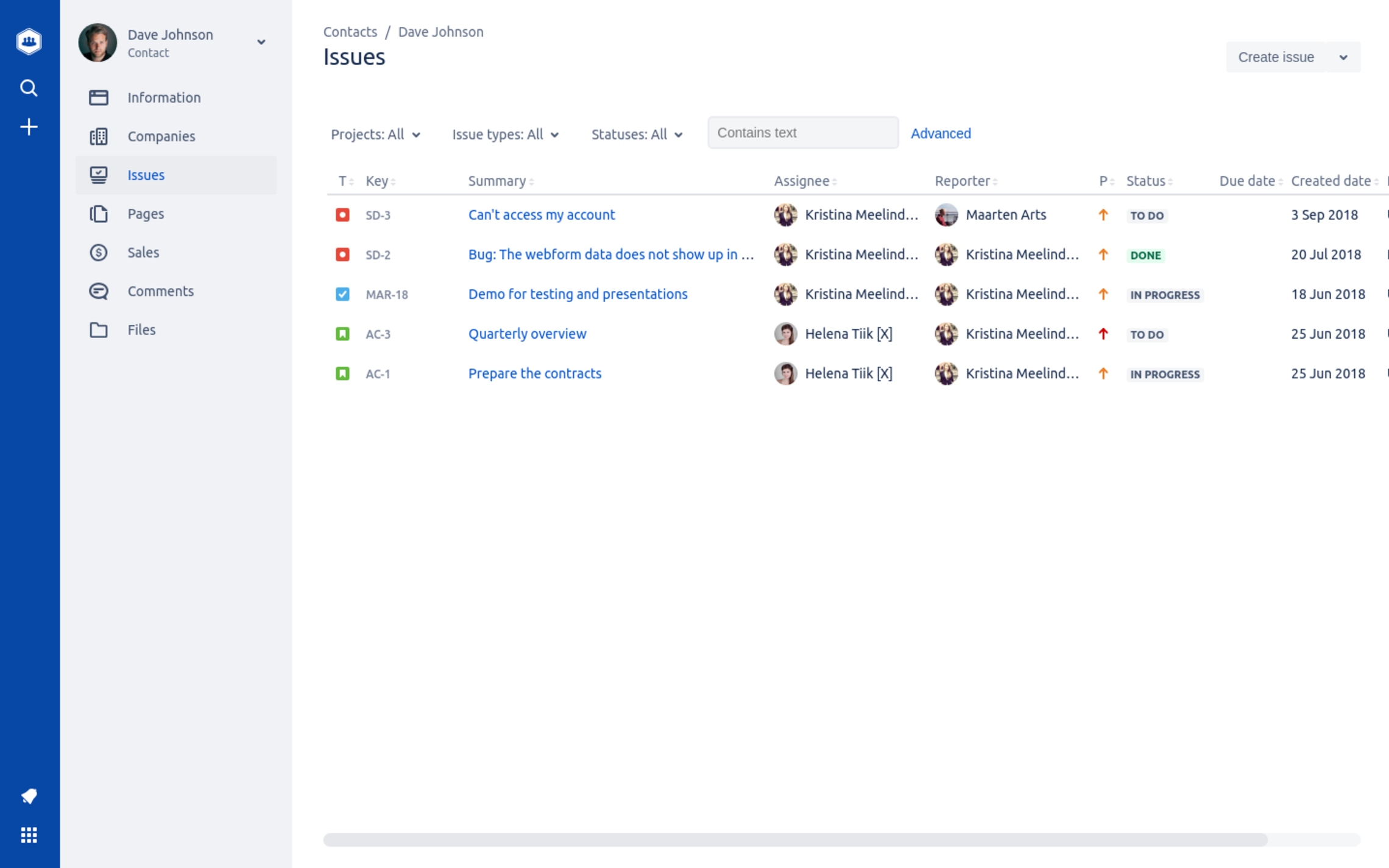 Issues overview for a company or a contact in Atlas CRM