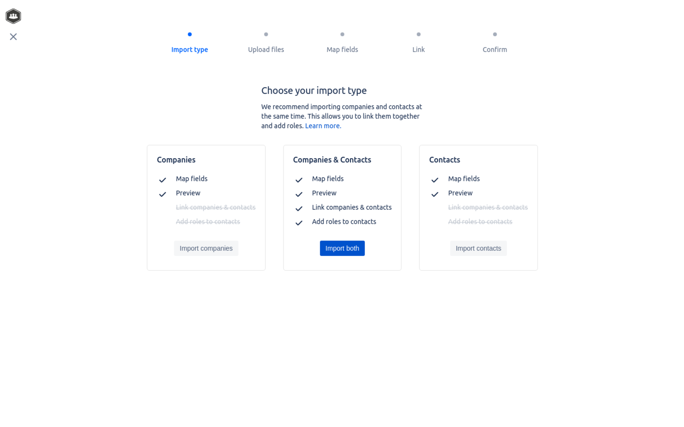Choose import type in Atlas CRM