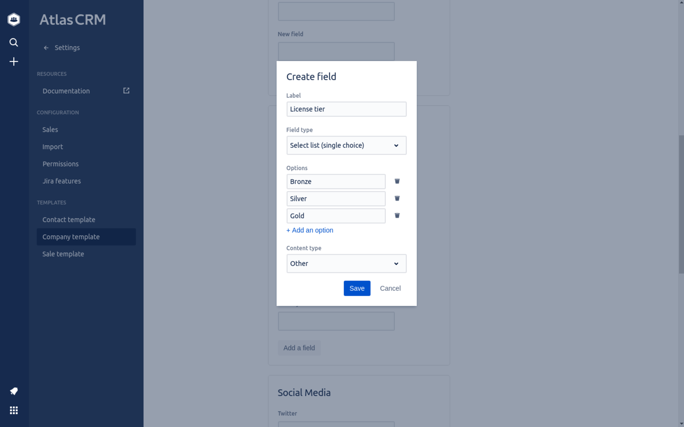 Creating a single choice field in the company template in Atlas CRM