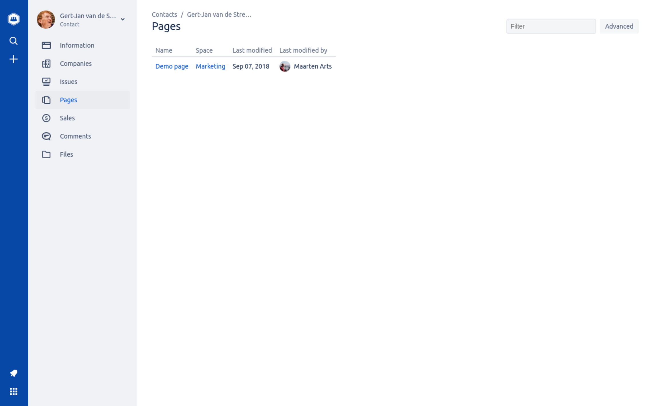 Pages overview for a customer in Atlas CRM