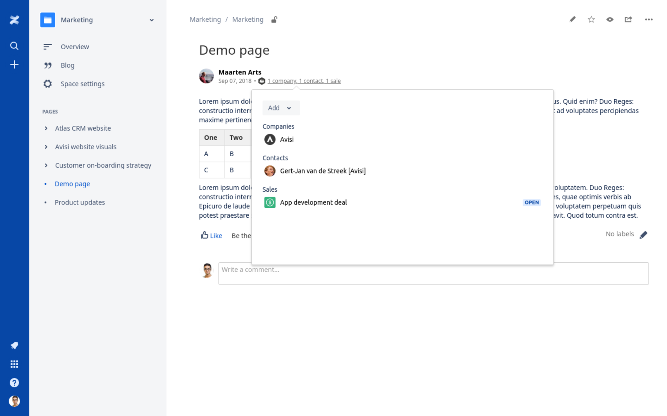 Linking Confluence pages with Atlas CRM