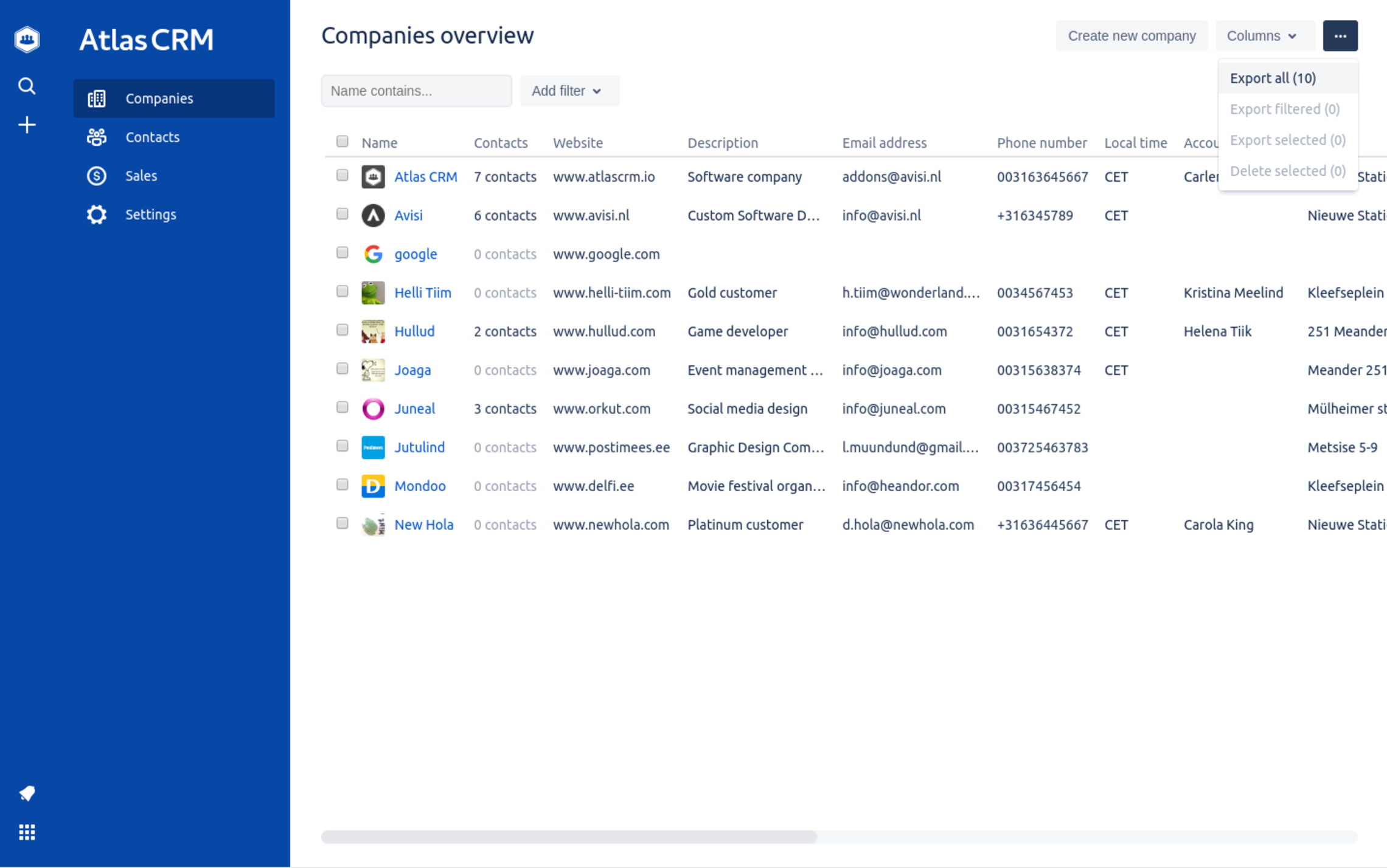 Export location in the companies overview in Atlas CRM