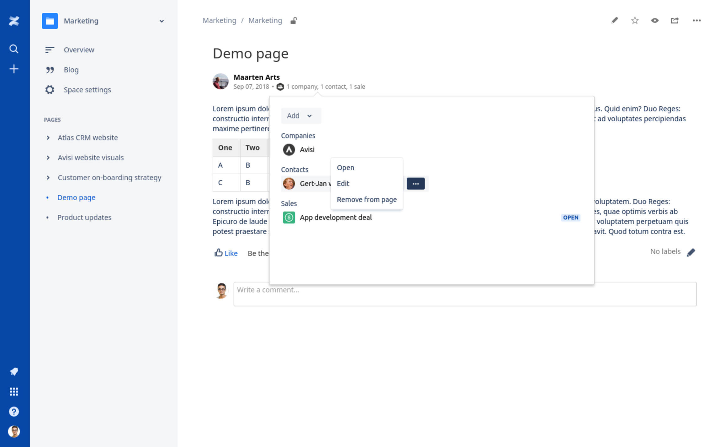 Actions to open, edit and delete a customer in a Confluence page