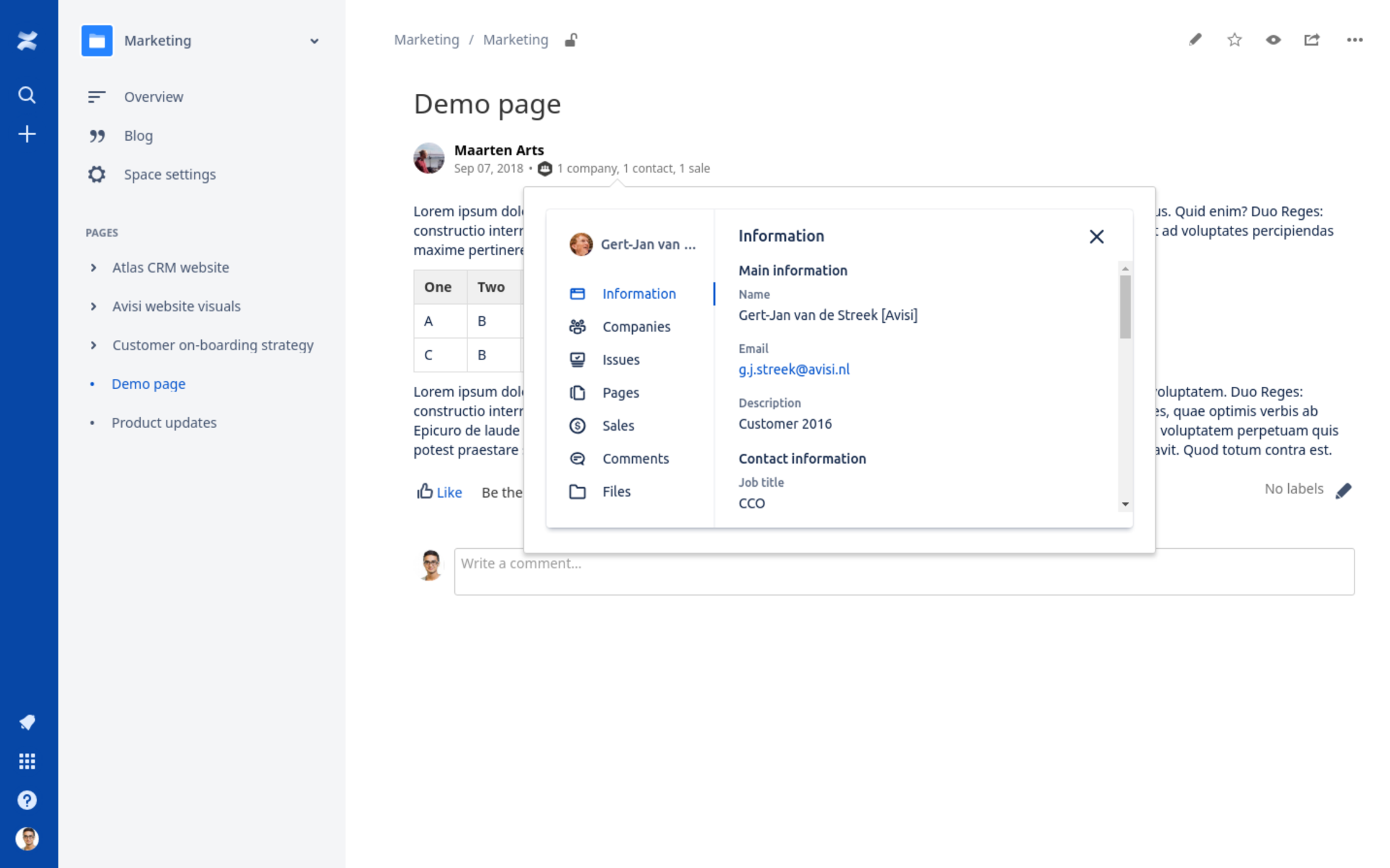 More information about a customer in a Confluence page